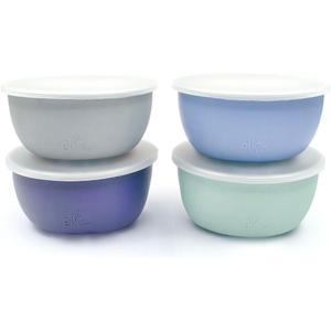 Elk and Friends Stainless Steel Bowls + Silicone Sleeve and Storage Lid | Baby, Toddler, Kids | Cereal & Snack Bowls | Storage Containers | Dishwasher Safe | 4 Pack (Sage/MistyBlue/Gray/Navy)