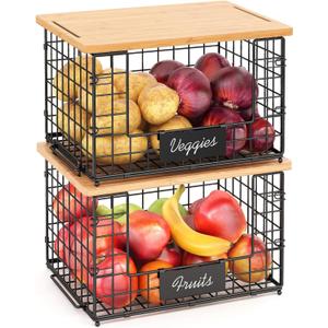 keomaisyto 2 Set XL Stackable Wire Baskets with Bamboo Top- Pantry Organizers and Storage, Kitchen Organization Counter Storage Bins for Potato/Onion/Fruit/Vegetable/Produce, Under Sink Organizing