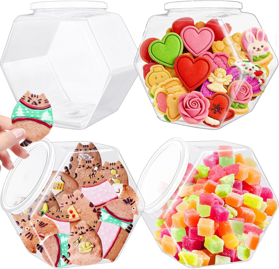 3 Pack Hexagon Plastic Candy Jars,72oz Clear Cookie Jar with Lid for Dry Food,Snacks,Candies,Cookies,Dog Treats,Laundry Pods,Coffee Pods,Craft Supplies