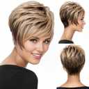 RENERSHOW Short Wigs for White Women Layered Brown Ombre Blonde Pixie Wig Synthetic Short Hair Wig with Bangs Mix Color Natural Looking Daily Party brown to blonde