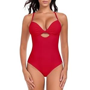 RELLECIGA Women’s Push Up One Piece Swimsuit Deep V Neck Cutout Bathing Suit (Red,XX-Large)