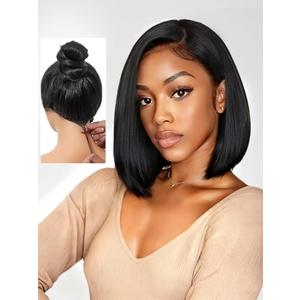 Xinjiju Glueless Bob Wig Human Hair Pre Plucked Pre Cut 6x4 HD Lace Closure Wigs Human Hair 150% Density Wear and Go Short Straight Bob Wigs for Black Women 12 Inch