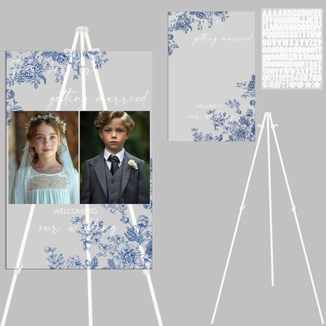 Novabright These Kids Are Getting Married with Adjustable Easel & DIY Stickers Blue Floral Wedding Welcome Sign, 15.8"x23.6" Acrylic Yard Sign for Rehearsal Dinner, Bridal Shower & Wedding Decor