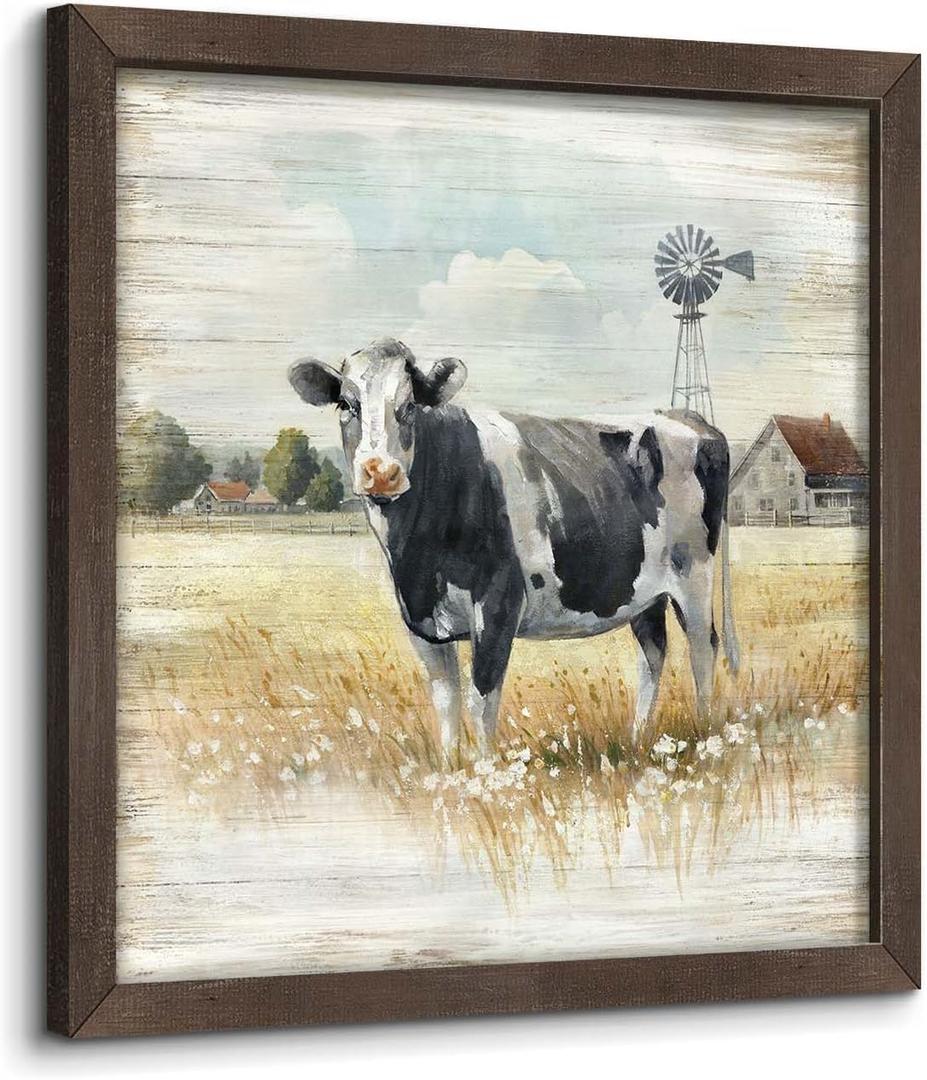 old barn Farm Cow Wood Wall Art: Farmhouse Rustic Picture Country Windmill Meadow Landscape Painting Animal Print Rural Scene Framed Artwork for Bedroom