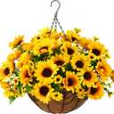 Homsunny Artificial Sunflowers Fake Hanging Flowers Plants Baskets for Outdoor Summer Decoration, Faux Silk Flowers Look Real UV Resistant for Porch Patio Garden Autumn Home Decor
