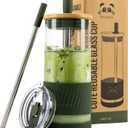 Pandaloo Glass Cups With Lids and Straws -20 Fl Oz- Perfect Size Iced Coffee Cup - Smoothie Cup With Bamboo Lid and On the go Lid - Glass Tumbler With Straw (1 Count (Pack of 1), Mediterranean Olive)