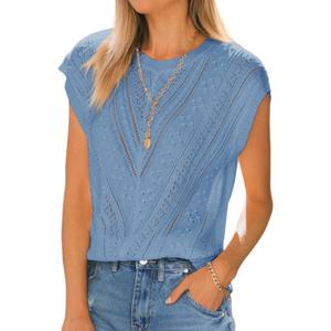 Langwyqu Womens Cap Sleeve Tops Summer Crew Neck Shirt Lightweight Crochet Knit Sweater (Blue)