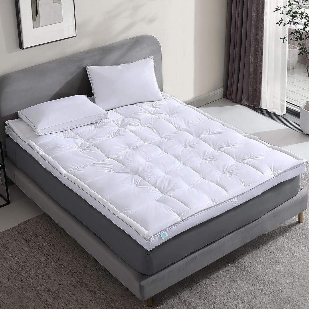 Martha Stewart Mattress Topper Twin Size - 3 Inch Feather Bed 100% Cotton Cover Fabric- All Seasons Fluffy White Mattress Pad Feather Topper Relieve Back Pain for Bedroom