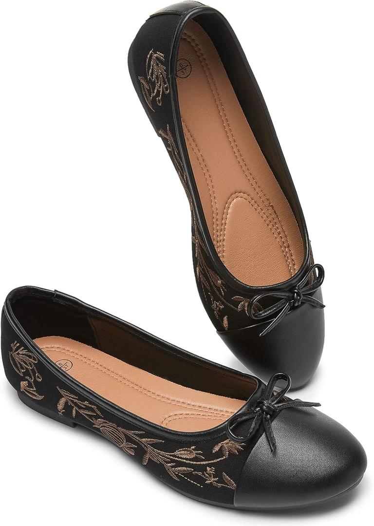 Womens Flats Shoes with Pomegranate Floral Embroidery, White Flats with Bow, Comfortable Round-Toe Flats Shoes, Black Dress Shoes for Women(Soft Memory Foam Insole)(Black.US5)