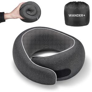 WANDER PLUS Travel Pillow, 100% Pure Memory Foam Travel Neck Pillow Airplane Neck Support Ergonomic Design Best for Sleeping Plane Car Train Office Flight for Adults Black