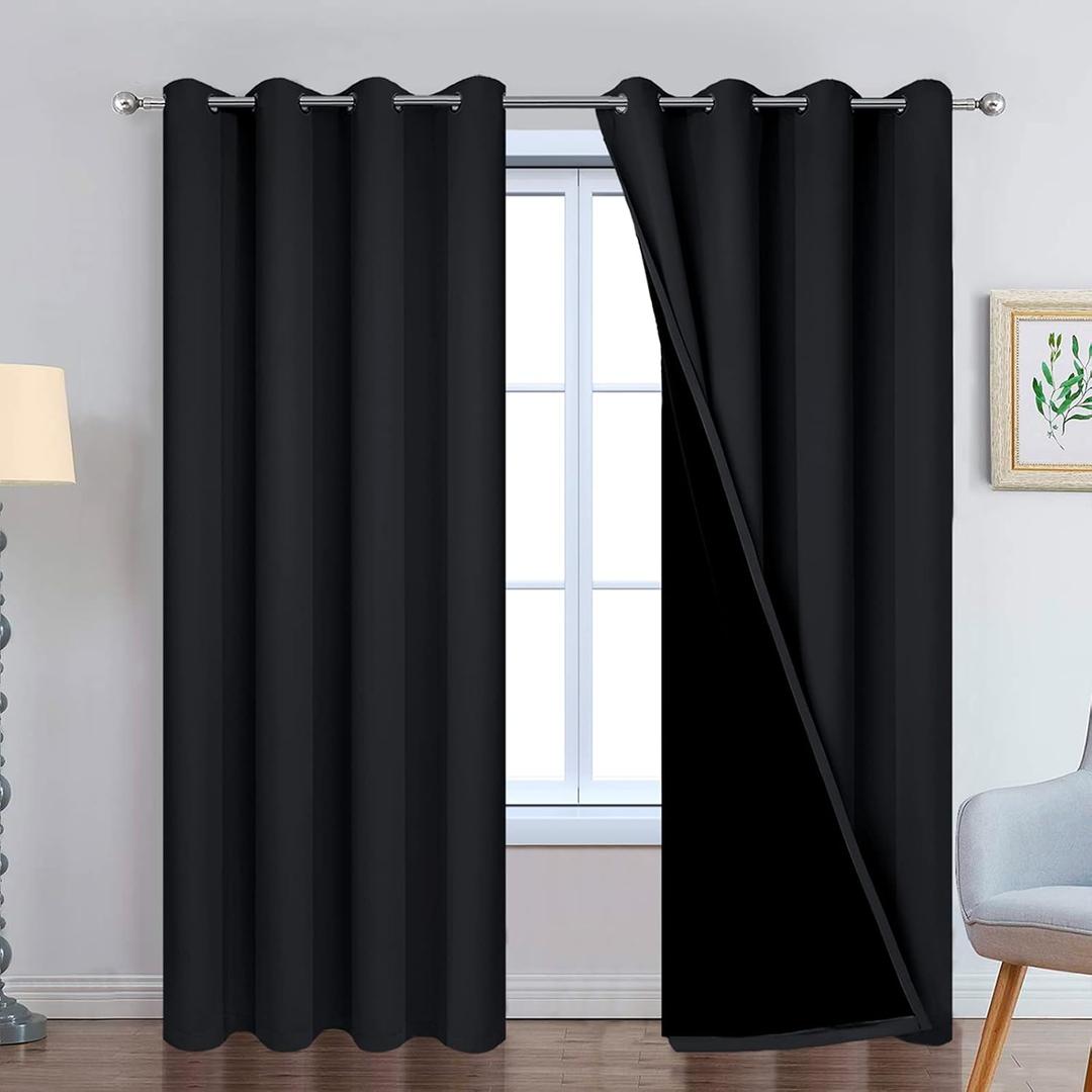 Yakamok 84 Inch Length 100% Blackout Curtains for Bedroom, 2 Thick Layers Thermal Insulated Grommet Total Blackout Drapes with Black Liner for Living Room (52Wx84L,Black, 2 Panels)