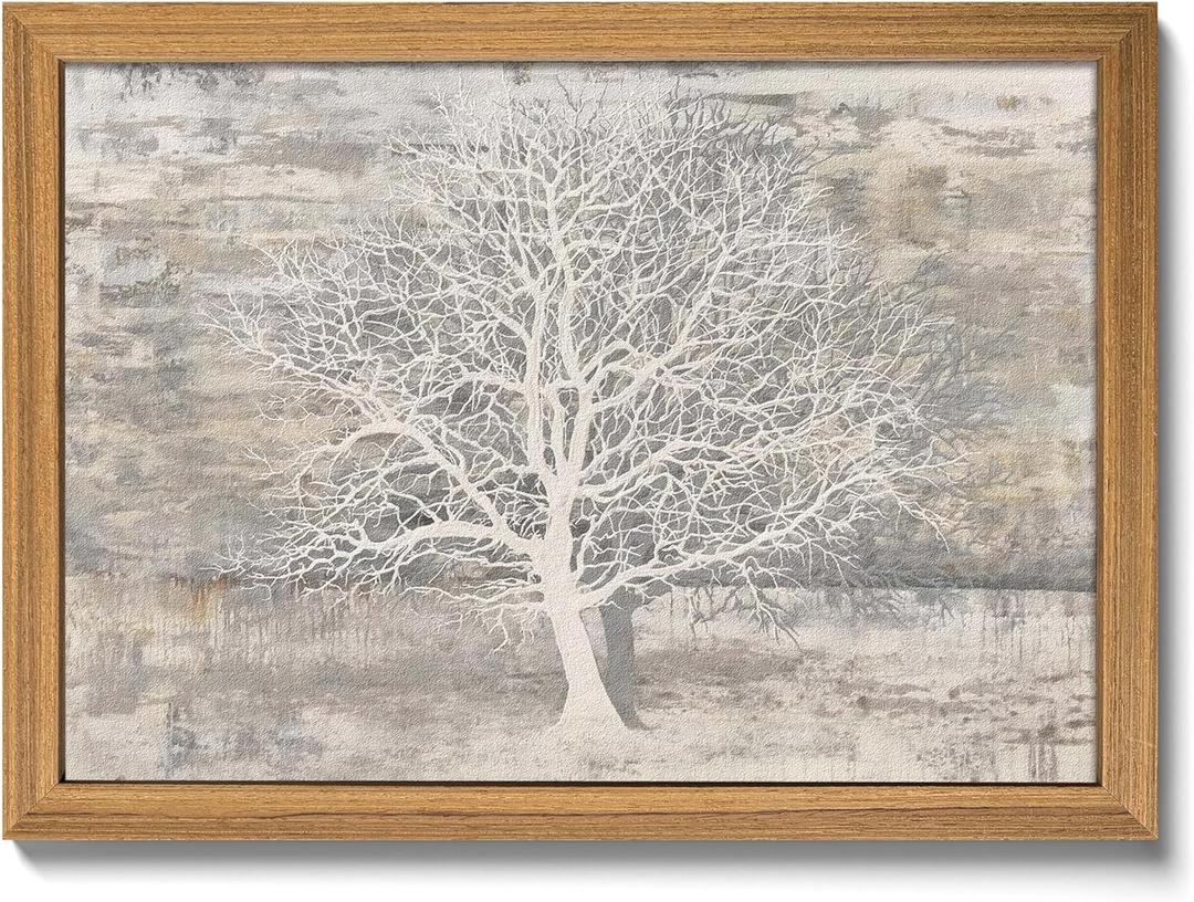 Framed Tree of Life Wall Art Pictures for Living Room, Modern 3D Textured Grey White Beige Tree Painting, Minimalist Nature Wall Decor for Bedroom, Bathroom, Office Home Decor 16x24 inch