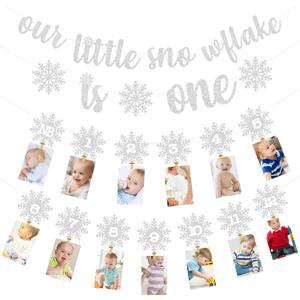 Christmas Winter Snowflake 1st Birthday Photo Banner Snowflake Photo Banner for Newborn to 12 Months Milestone Photograph Bunting Garland for Xmas Holiday Baby Girl 1st Birthday Party Supplies