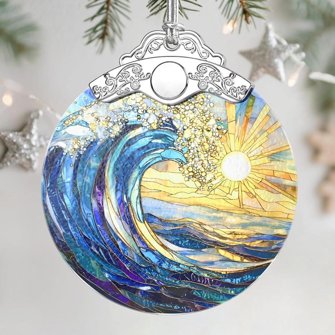 2 x Christmas Ornament, Stained Glass Ornament, Christmas Ornaments for Tree, Hanging Ornaments for Home Decor & Xmas Decorations Holiday Decor, Gift Ideas, Perfect Holiday & Xmas Gifts - Sea Wave