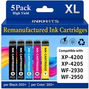 Remanufactured Ink Cartridges Replacement for Epson 232XL Ink Cartridges Combo Pack Latest Upgrade (5-Pack) for Epson 232 XL Ink Work with XP-4200 XP-4205 WF-2930 WF-2950 Printer, (2BK/C/M/Y)