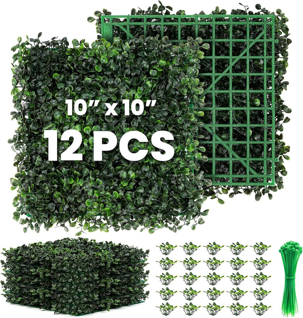 Grass Wall 12 Pack 10"x10" Artificial Boxwood Hedge Wall Panels, Privacy Hedge Screen Faux Boxwood for Outdoor,Indoor,Garden,Fence,Backyard,Greenery Walls