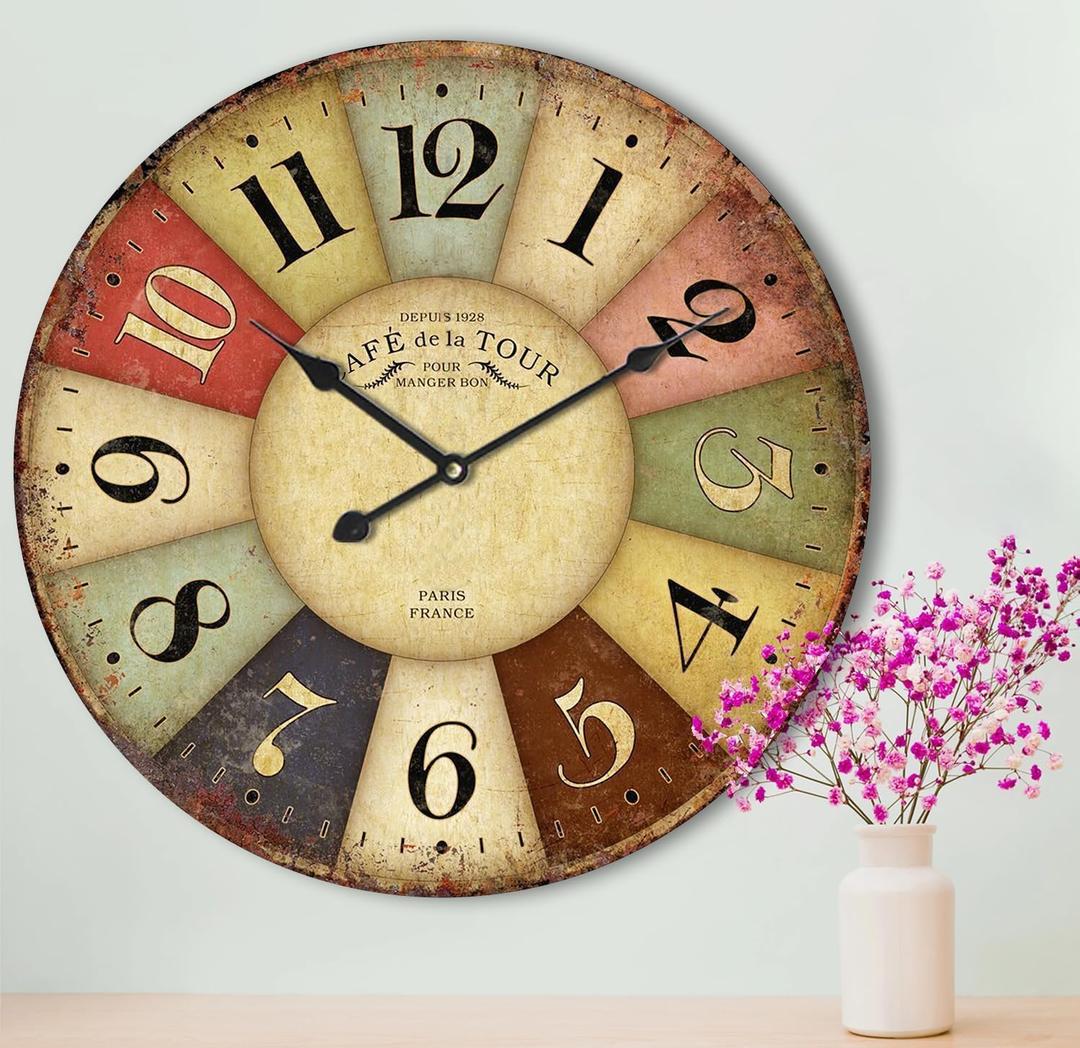 24 Inch Vintage Wall Clocks French Style Retro Wall Clock Large Farmhouse Clocks Retro Colorful Wall Clock Decorative Battery Operated Silent Scan Non-Ticking for Home Living Room Bedroom (Gold)