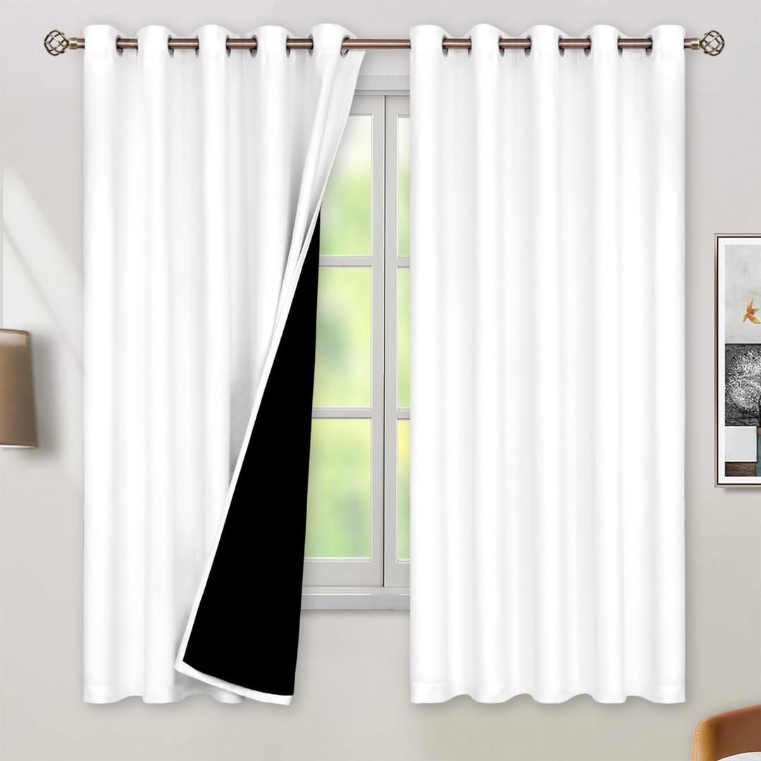 BGment Thermal Insulated 100% Blackout Curtains for Bedroom with Black Liner, Double Layer Full Room Darkening Noise Reducing Grommet Curtain (60 x 63 Inch, White, 2 Panels) (60"W x 63"L (Pack of 2))