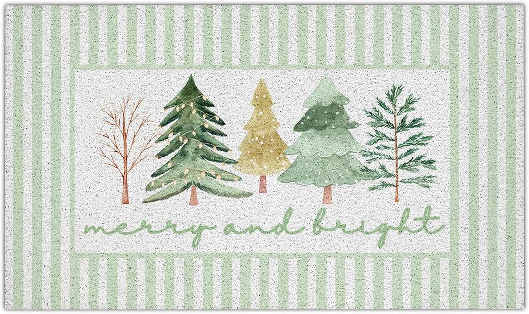 Green Christmas Tree Door Mat, Merry Christmas Vacation Doormat for Outdoor Indoor Outside Entrance Entryway, Winter Xmas Holiday Welcome Mat for Front Door Porch, 17x30 Inches