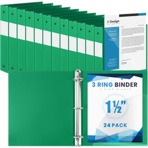 Henoyso 24 Pack 1.5 Inch 3 Ring Binder with Clear Cover Fit Letter Size 8.5" x 11" Paper Holds 350 Sheets, Bulk Binders for Organizing School, Office & Classroom Documents, 1 Pocket (Green)