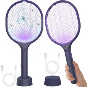 Electric Fly Swatter 2 Pack, 3000V Bug Zapper Racket Fly Zapper with 1500mAh Rechargeable Battery, Indoor Outdoor Fly Trap Mosquito Killer with 3-Layer Safety Mesh for Home, Kitchen, Patio, Camping (Dark-blue)