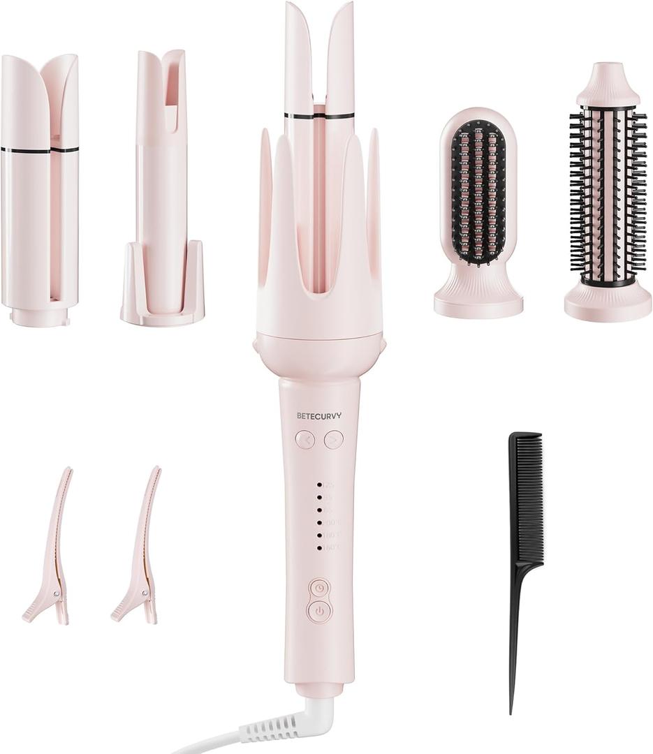 5 in 1 Automatic Curling Iron Set with Interchangeable Ceramic Barrels, Straightening & Volumizing Brush, 3 Temp & Timer, Fast Heating Dual Voltage  1/1.25/1.57 Inch Set