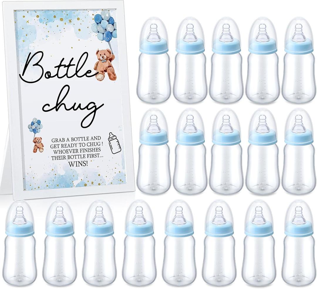 Roowest Bottle Chug Baby Shower Games Favors Including 18 Pcs Bottles with 1 Bottle Chug Wooden Sign for Gender Reveal Baby Shower Party Supplies(Blue,Bear)
