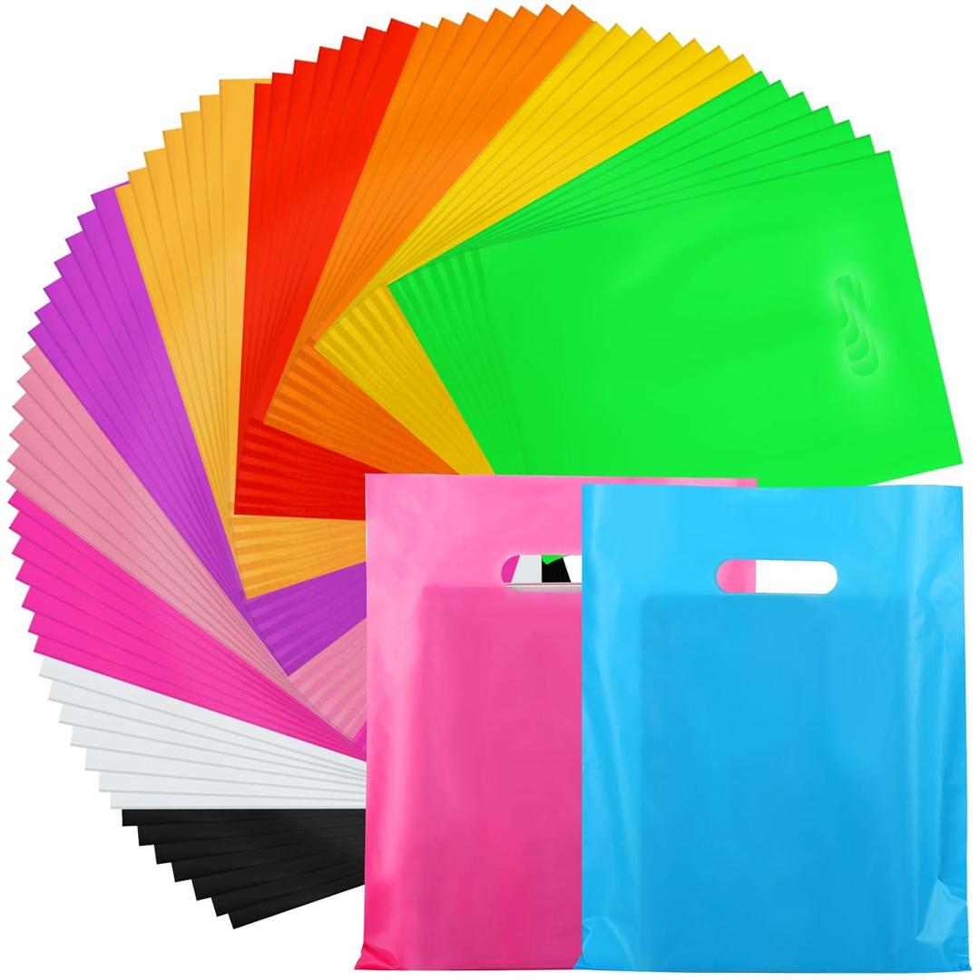 Kosiz 1000 Pcs Plastic Merchandise Shopping Bags Bulk for Small Business 9 x 12 in Goodie Retail Bag with Die Cut Handles Party Favor for Grocery Holiday Boutique Stores Birthday Gift(Colorful)
