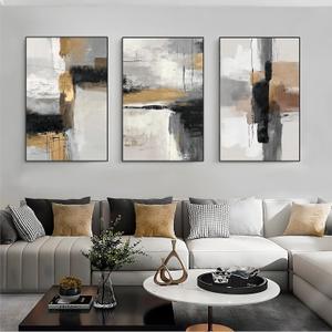 Neutral Abstract Wall Art Set of 3 Framed Canvas Prints, 16x24 Inch Modern Beige Black Abstract Paintings with Gold Accents, Minimalist Wall Decor for Living Room Bedroom Dining Room, Metal Frame Ready to Hang