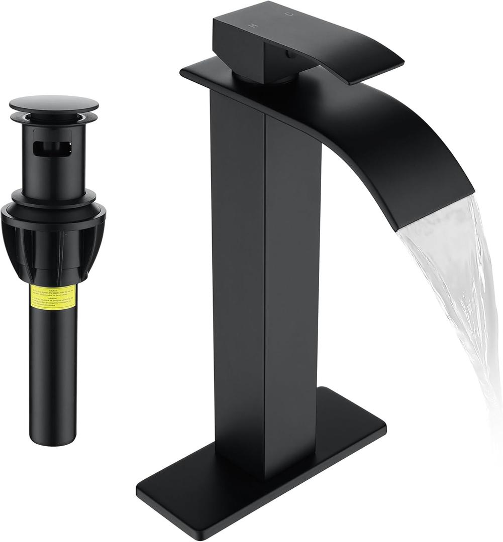 Fransiton Tall Vessel Sink Faucet Matte Black Faucet for Bathroom Sink Tall Waterfall Bathroom Faucet Single Handle 1 or 3 Hole Wash with Pop-up Drain