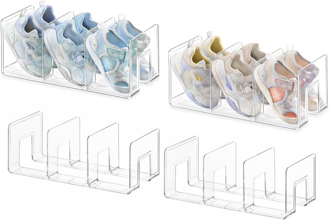 HBlife Widened 4.17 Inch Clear Acrylic Kids Shoe Rack for Closet Organizers and Storage, Small Shoe Rack 3 Sections Toddler Baby Shoe Storage Organizer Shelf, Desk File Book Purse Organizer(4 Pack)