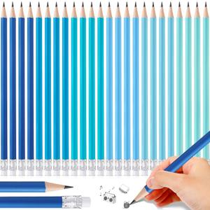 CHENGU 24 Pcs Blue Pencils for Kids Erasable Wood Pencils Pack Cute School Supply for Kid with Top Eraser Blue Wooden Back to School Kit Drawing Work Summer Office Gift