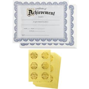 Certificate of Achievement Award and Seal Stickers (Blue, 8.5 x 11 in, 48-Pack)