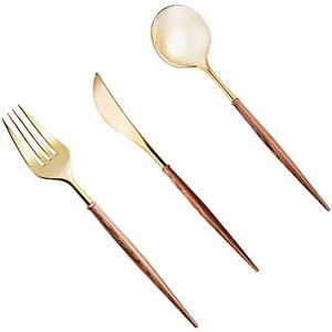 Lullaby 120PCS Gold Plastic Silverware, Gold Disposable Cutlery with Wood Grain Handle Include 40 Forks, 40 Spoons, 40 Knives, Elegant Disposable Silverware for Wedding, Party, Gathering, Daily Use