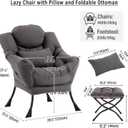 Lazy Chair with Ottoman, Modern Accent Chair with Lumbar Pillow, Dark Grey Sofa, Armchairs with Folding Footrest, Oversized Supportive Chairs for Bedroom, Reading, Large