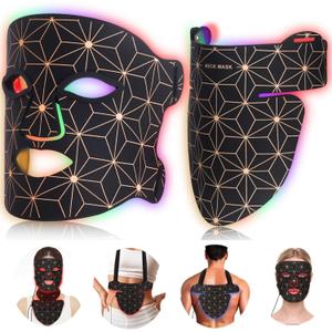 Red Light Therapy for Face and Neck, 8 Colors LED Face Mask Light Therapy with 850NM Near Infrared, 3000 mAh Rechargeable 6-In-1 Red Light Therapy Mask Set Skin Care Device for Skin Rejuvenation (Black)