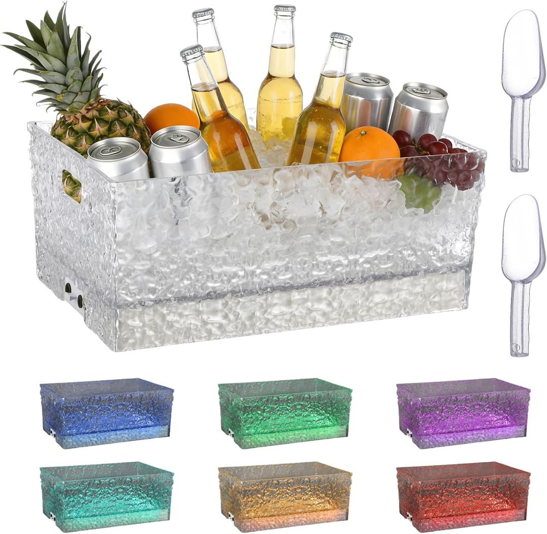 Colorful LED Ice Buckets for Parties, 15Liter / 4 Gallon Big LED Light Beverage Tub with 2 Shovels, Beverage Bucket for Bar, Family Gathering & Nightclub Essential (A)