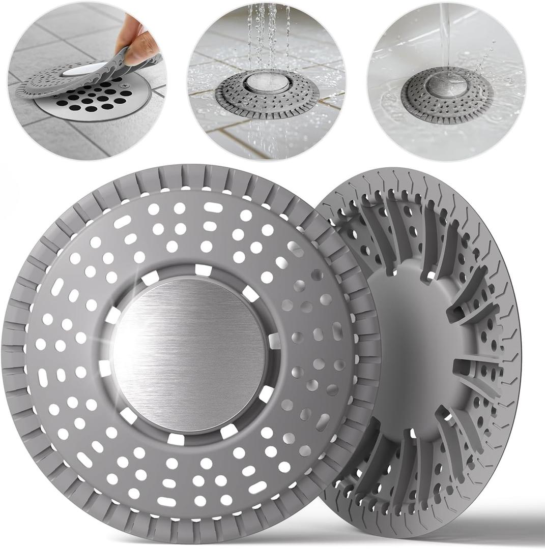 Shower Drain Hair Catcher, Upgraded 2Pack Premium Silicone Drain Protector & Shower Drain Cover for Regular Floor Drains of Shower Room, Bathroom, 304 Stainless Steel, Gray