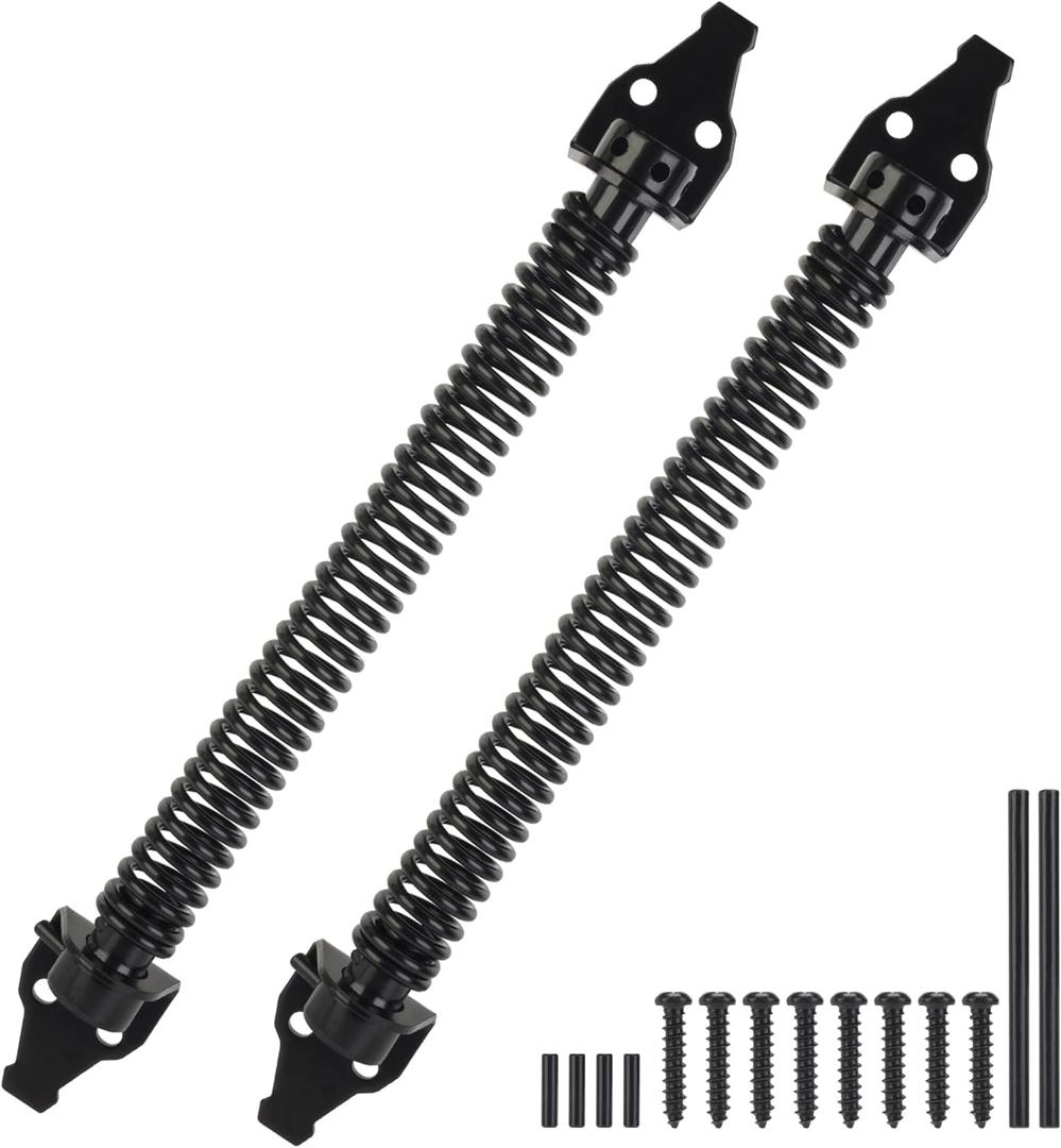 14" Gate Spring Self Closing, Heavy Duty Black Door Closer Spring, Adjustable Tensioner Automatic Outdoor Gate Closure, Gate Spring Hardware for Wooden and Vinyl Fence, 2 Pack