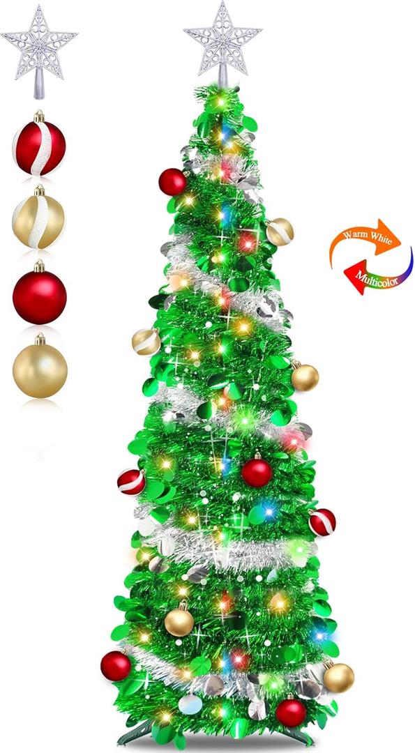 5 Ft Pop Up Christmas Tree with Lights Timer, Collapsible Tinsel Christmas Tree with 50 Warm White&Color Changing Lights 8 Modes and Balls Ornaments 3D Star Sequins for Home Holiday Party Indoor Decor (Green Silver)