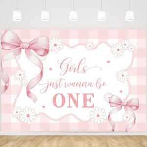 MEHOFOND Coquette Pink Bow First Birthday Backdrop, Girls Just Wanna Be One Birthday Background Decoration Pink Plaid Arch Bow Tie Background Sweet One Birthday Party Photo Props 7x5ft