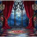 8x6ft Fabric Halloween Vampire Medieval Castle Backdrop Gothic Window Red Curtain Bats Photography Background Haunted House Party Decor Photo Props