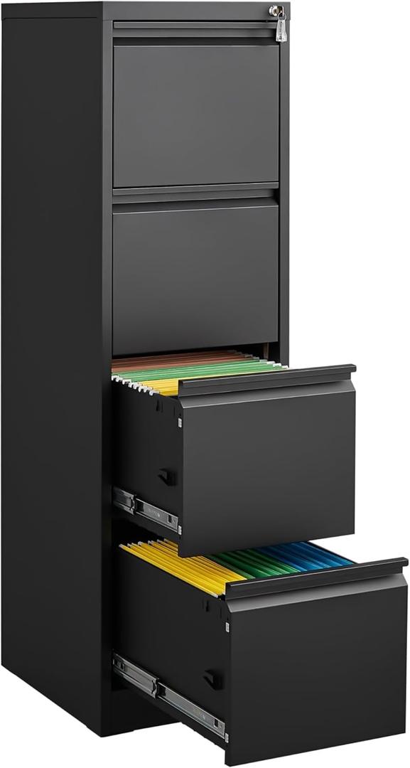 4 Drawer Filing Cabinet,Metal Vertical Filing Cabinets with Lock for Home Office,Heavy Duty File Storage Cabinet for Letter/Legal/A4/F4 Size File (Black-1)