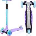 3 Wheel Scooter for Kids Ages 6-12,Kids Scooter with Light Up Wheels, Sturdy Deck Design, and 4 Height Adjustable Suitable for Kids Ages 3-12 (Purple)