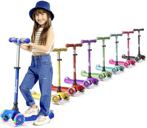 Lifemaster Mini 3-Wheel Kids Scooter with Multi-Color Wheel Lights – 4-Height Adjustable Handlebar, Wide Anti-Slip Deck, Child Safety Certified, Boys & Girls Ages 2+ Supports Up to 110 lbs