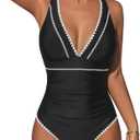 CUPSHE Women's One Piece Swimsuit V Neck Shell Stitched Bathing Suit Adjustable Crisscross Strappy Ruched Swimwear, Medium