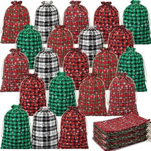 Shappy 25 Pieces Christmas Drawstring Bags 8 x 12 Inch Small Xmas Buffalo Plaid Bags with Snowflake Pattern Linen Cloth Gift Treat Bag for Christmas Holiday Party Favor