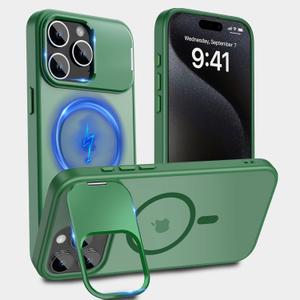 Cufelf Magnetic for iPhone 15 Pro Case(Compatible with Magsafe)(Built-in Invisible Kickstand) Military Drop Protection,Anti-Fingerprint,Anti-Scratch,Matte Translucent Phone Cover,6.1",Green