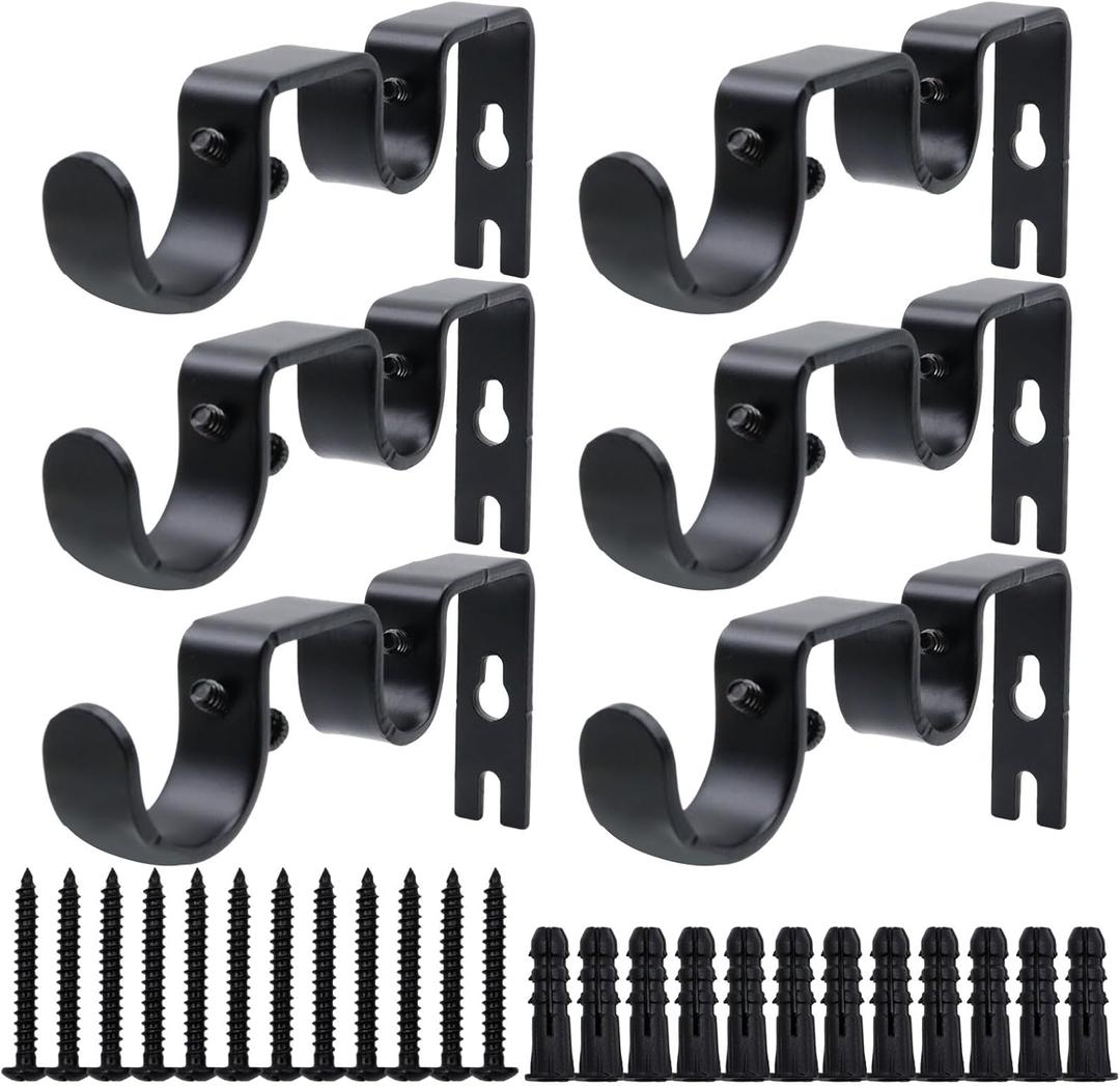 Double Curtain Rod Bracket 6 Pack Metal Curtain Rod Holders for Wall Sturdy Curtain Bracket for 1 Inch Curtain Rod Black Wall Mounted Curtain Rod Hooks for Bedroom Living Room Patio