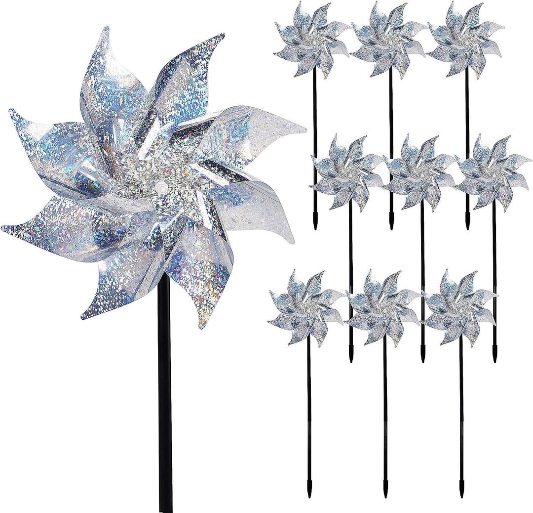 Hausse 10 Pack Reflective Pinwheels with Stakes (Assembly Required), Extra Sparkly Pin Wheel for Garden Decor, Bird Repellent Devices Deterrent to Scare Birds Away from Yard Patio Farm